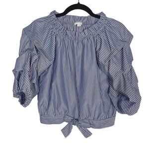 Habitual Girls 16 Blue White Striped Joyce Gathered Sleeve Tie Waist Top Blouse
